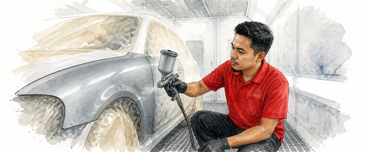 Watercolour illustration of a technician in a red polo shirt spraying thick grey primer onto a masked fender in a booth.