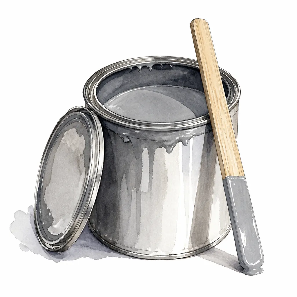Watercolour close-up of an open tin of grey primer with a stir stick leaning on the rim.