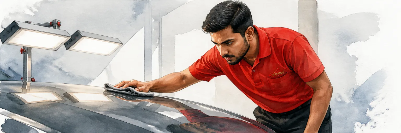 Watercolour illustration of a technician in a red polo shirt levelling fresh coating under inspection lamps in a coating bay.