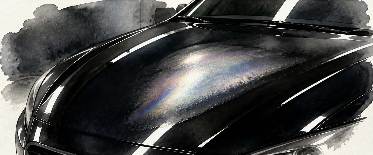 Watercolour close-up of a hazy streaked high spot catching rainbow light on an otherwise mirror clean black bonnet.