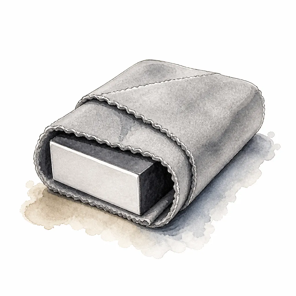 Watercolour close-up of a suede cloth wrapped around a coating applicator block.