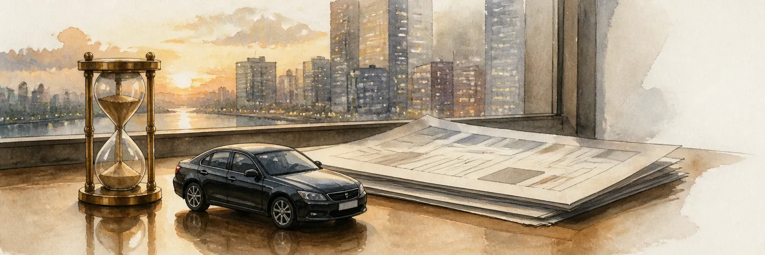 Watercolour illustration of an hourglass and a toy car beside abstract paperwork on a desk in evening light.