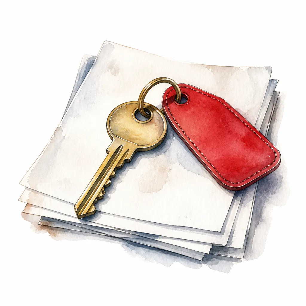 Watercolour close-up of a brass car key with a leather tag resting on plain paper sheets.