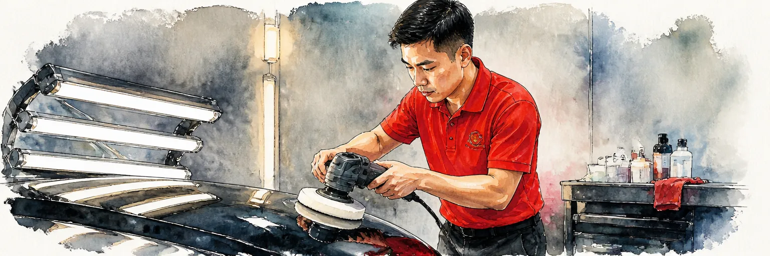 Watercolour illustration of a technician in a red polo shirt refining a black bonnet with a soft pad under raking lamps.