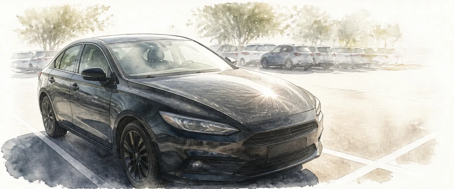 Watercolour illustration of faint swirled buffer trails glowing on a dark bonnet under harsh direct sunlight.