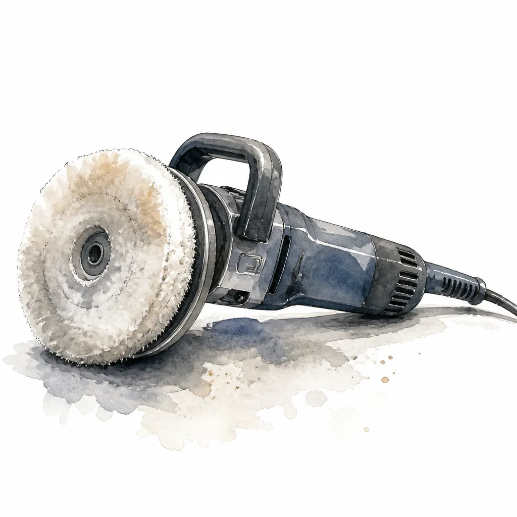 Watercolour close-up of a rotary polisher with a worn wool cutting pad.