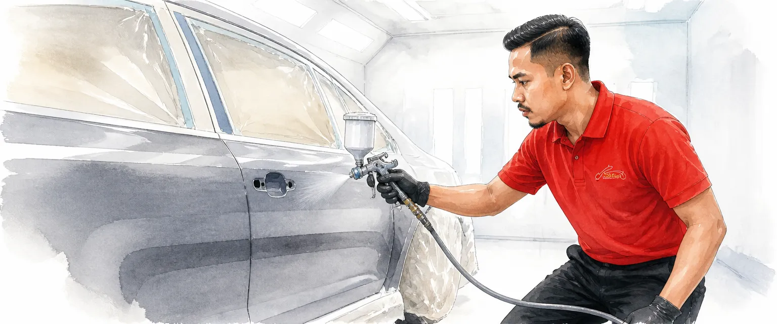 Watercolour illustration of a technician in a red polo shirt spraying a door panel with a gravity fed spray gun in a booth.