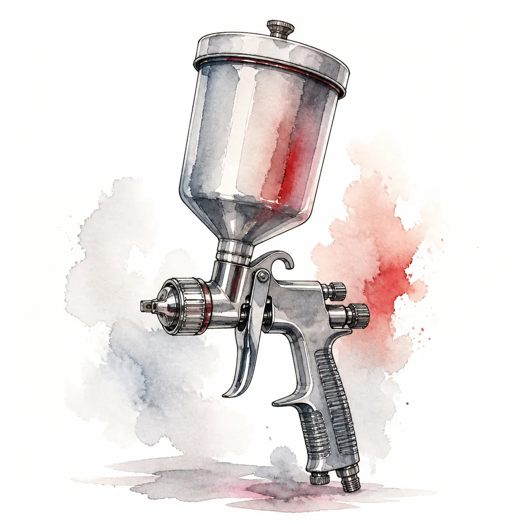 Watercolour close-up of a gravity fed spray gun with its paint cup on top.
