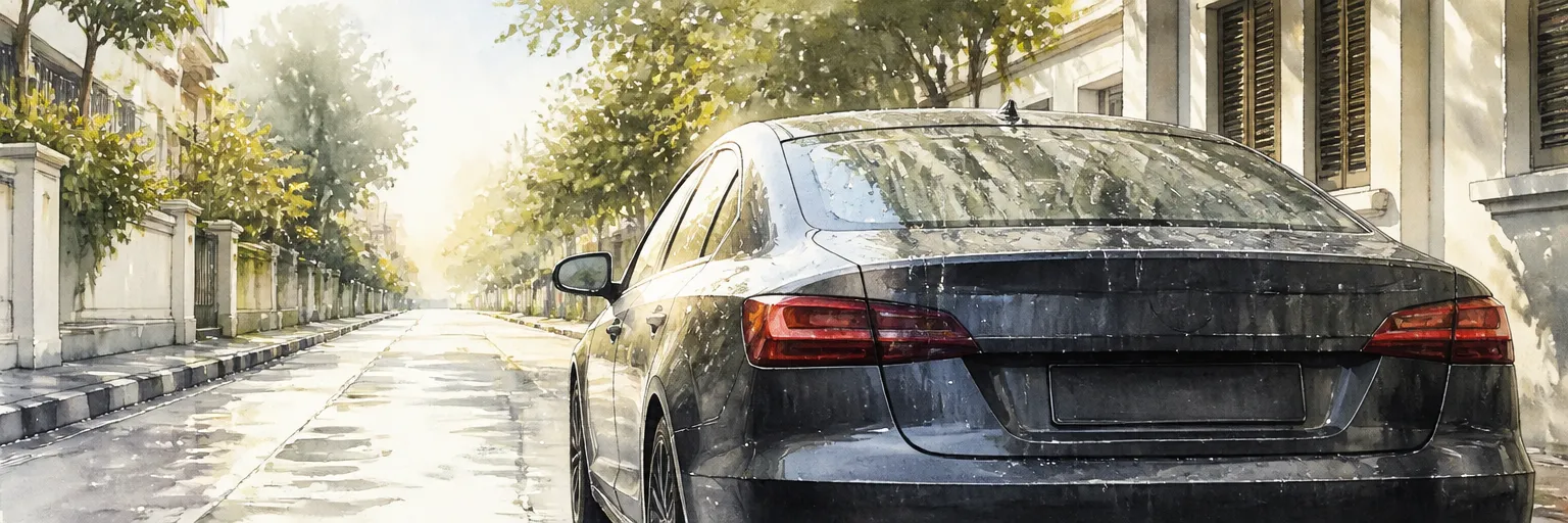 Watercolour illustration of water beads rolling off a coated car as sun breaks through after rain.
