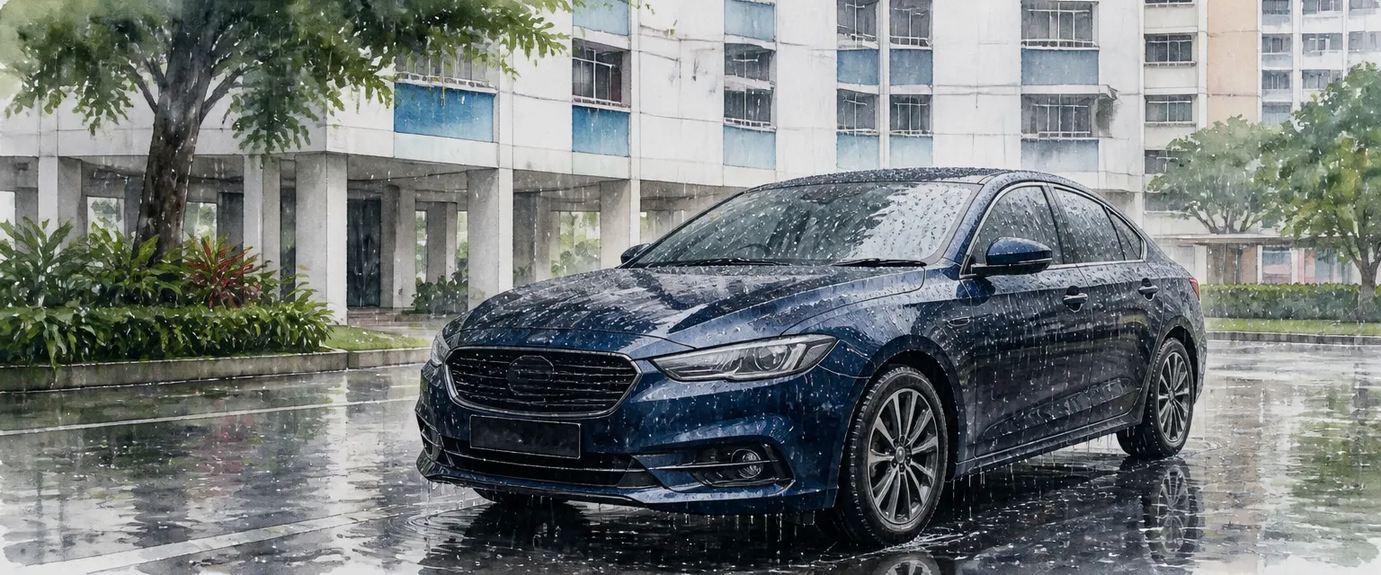 Watercolour illustration of rain beading tightly across the bonnet and roof of a dark blue saloon below HDB blocks.