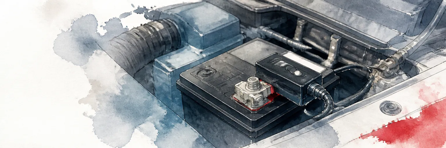 Watercolour close-up of a car battery with a small sensor unit clamped to its terminal in an engine bay.