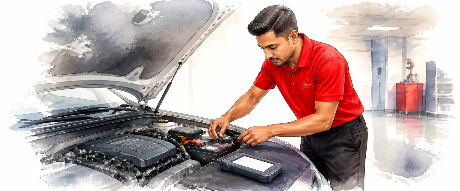 Watercolour illustration of a technician in a red polo shirt fitting a battery sensor in an open engine bay.