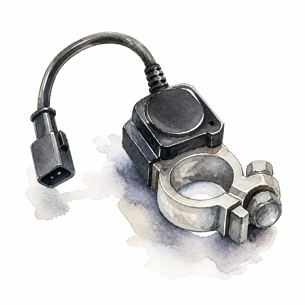 Watercolour close-up of a small battery terminal sensor with its clamp and short cable.