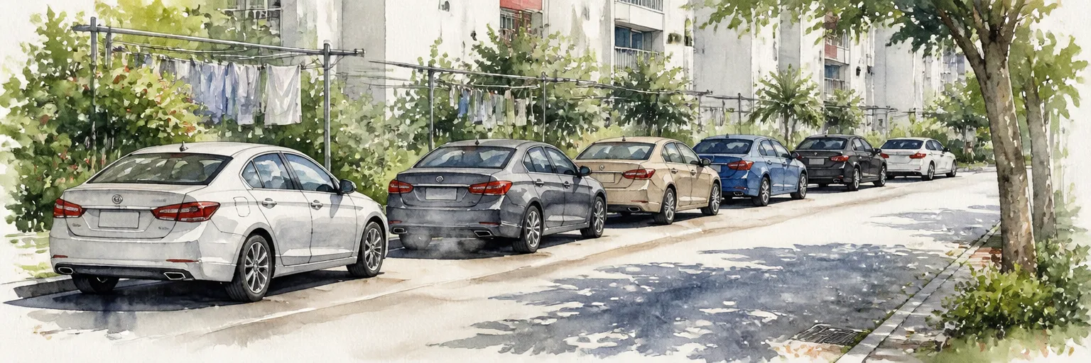 Watercolour illustration of a row of parked cars on an HDB estate road with one showing a faint exhaust haze.