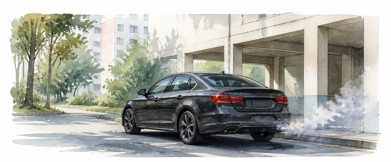 Watercolour illustration of a parked saloon idling beside an HDB void deck with exhaust haze curling from its tailpipe.
