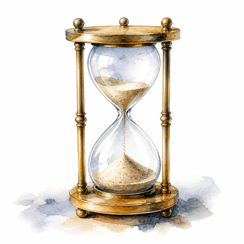 Watercolour close-up of a small brass hourglass with sand flowing between its chambers.