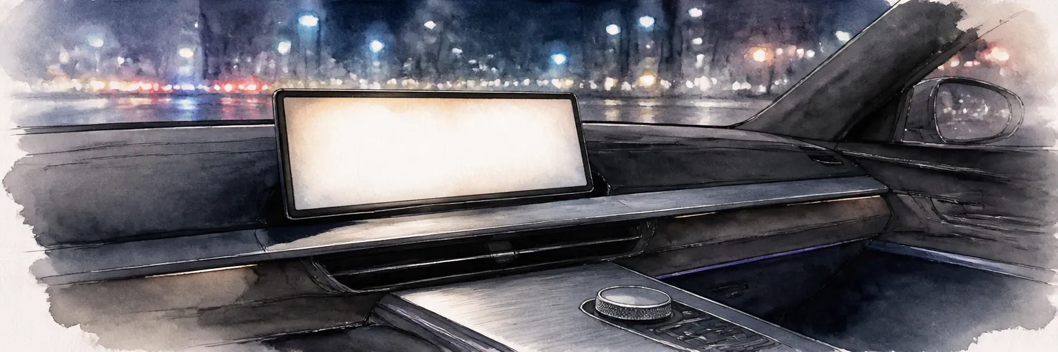 Watercolour illustration of a softly glowing blank dashboard screen and rotary controller in a car at night.