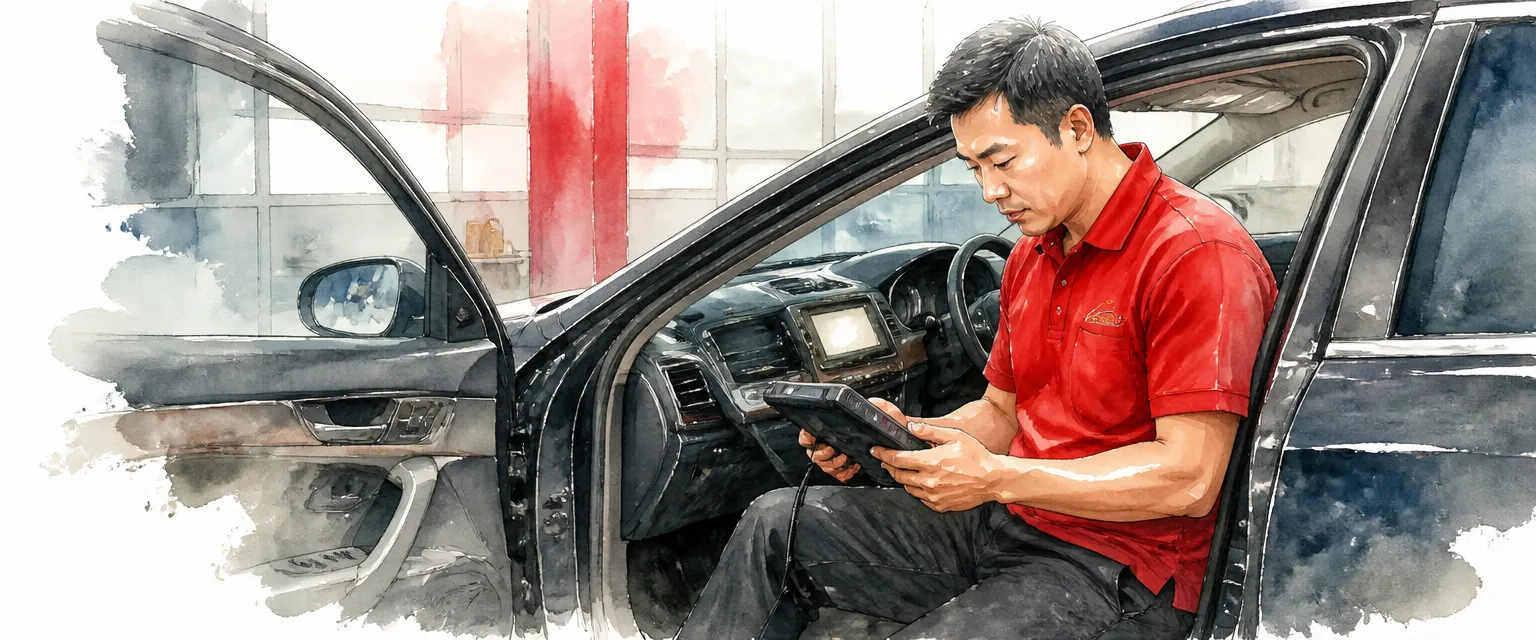Watercolour illustration of a technician in a red polo shirt running handset diagnostics at the open door of a dark saloon.