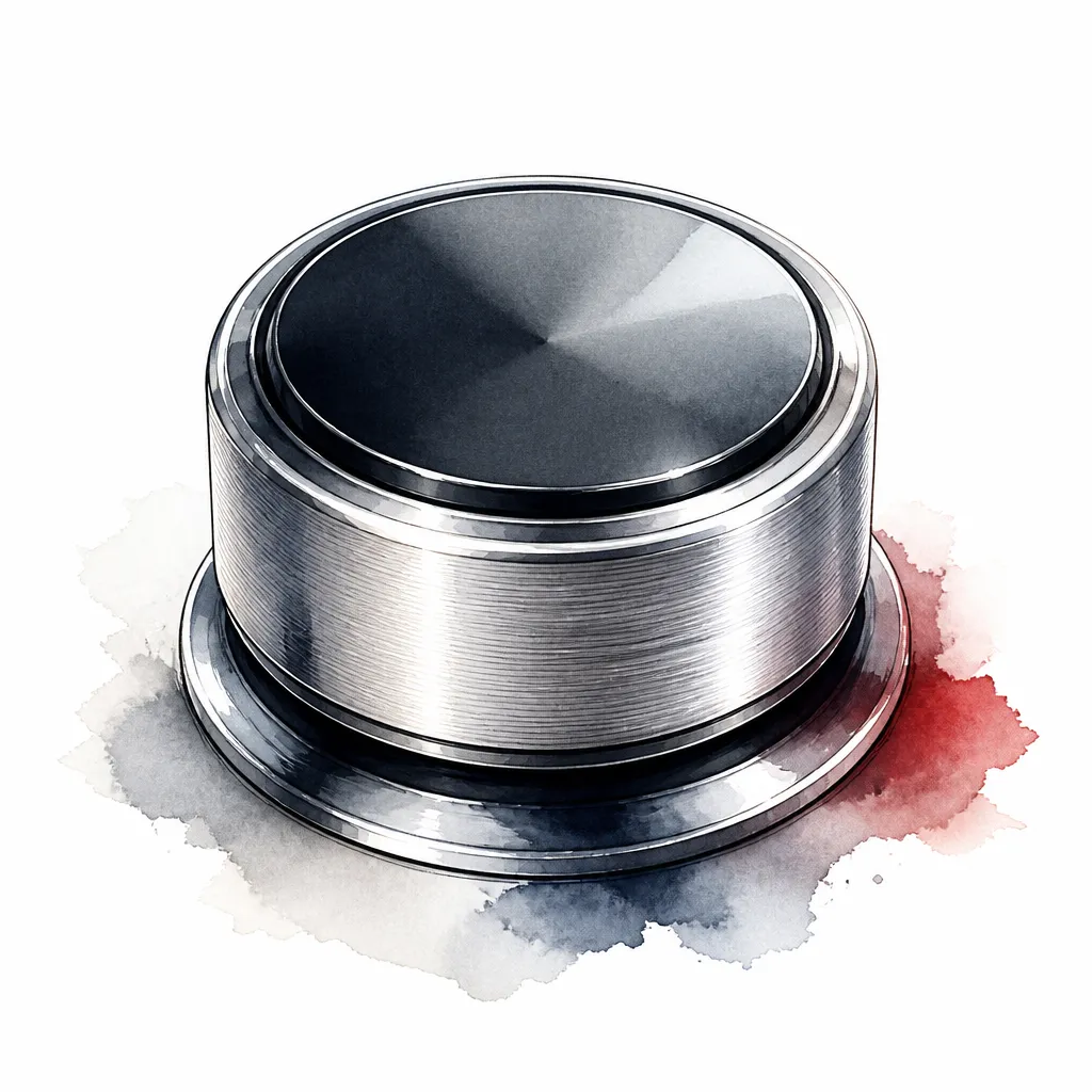 Watercolour close-up of a round brushed metal rotary controller knob.