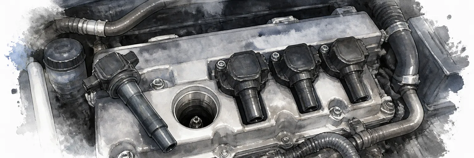 Watercolour close-up of a row of ignition coils on an engine with one removed to show the spark plug well.