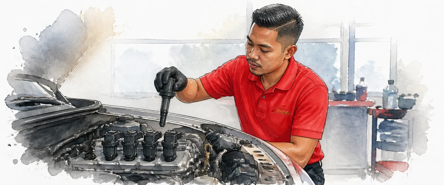 Watercolour illustration of a technician in a red polo shirt lifting an ignition coil from an open engine.