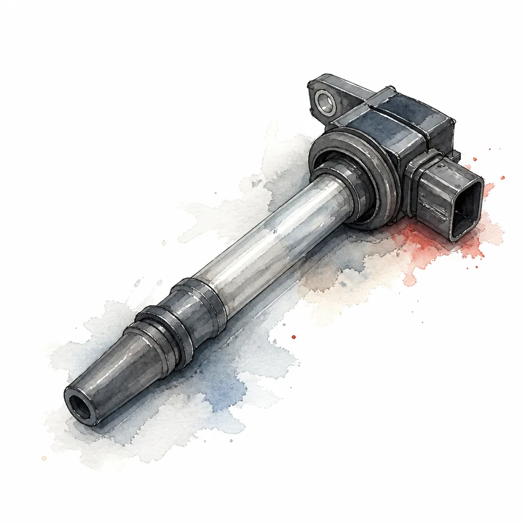 Watercolour close-up of a single pencil type ignition coil with its rubber boot and connector.