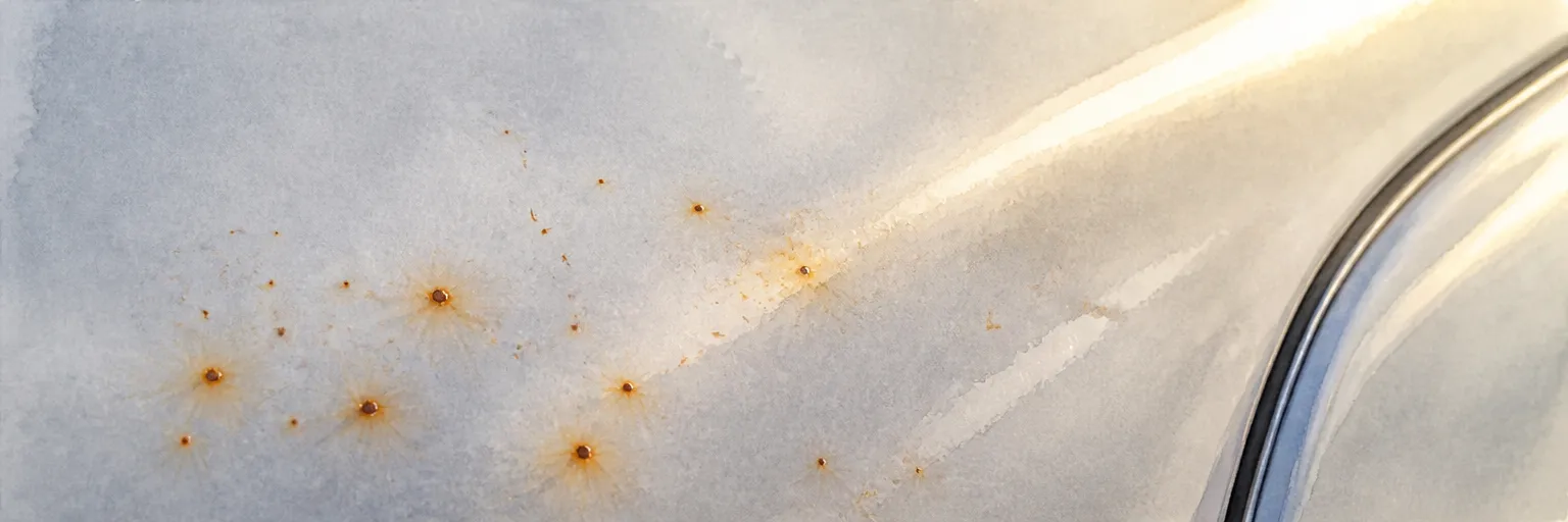 Watercolour close-up of tiny rust coloured fallout specks blooming on a pale silver painted panel.