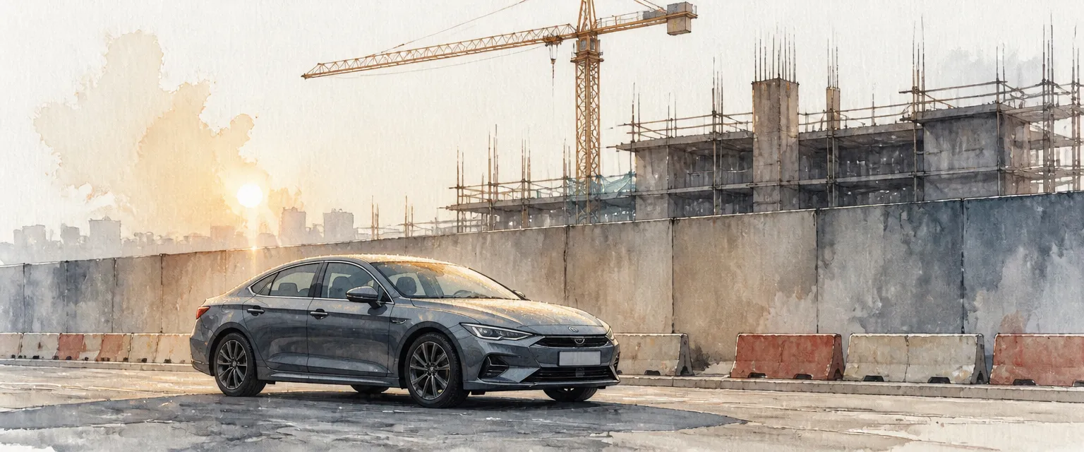 Watercolour illustration of a dark grey saloon parked near a construction crane with fine fallout specks on its paint.