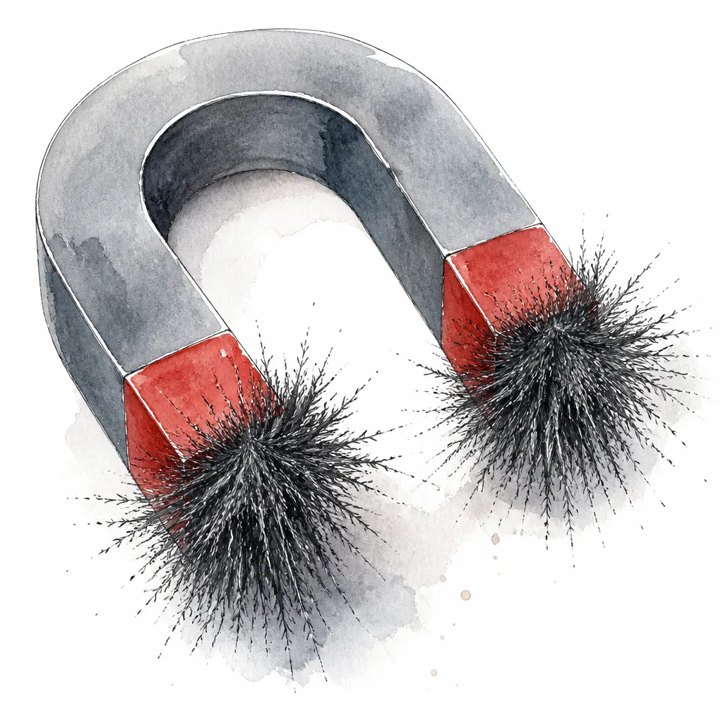 Watercolour close-up of a horseshoe magnet covered in fine dark iron filings.