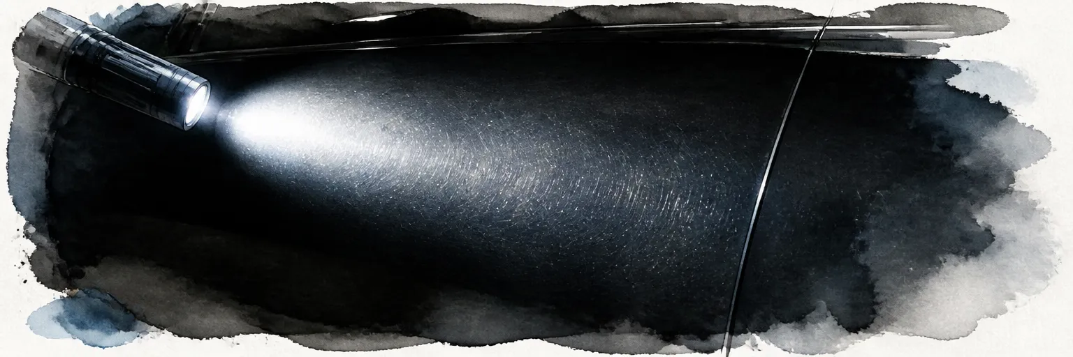 Watercolour close-up of fine swirl marks glittering inside the beam of an inspection light on dark paint.