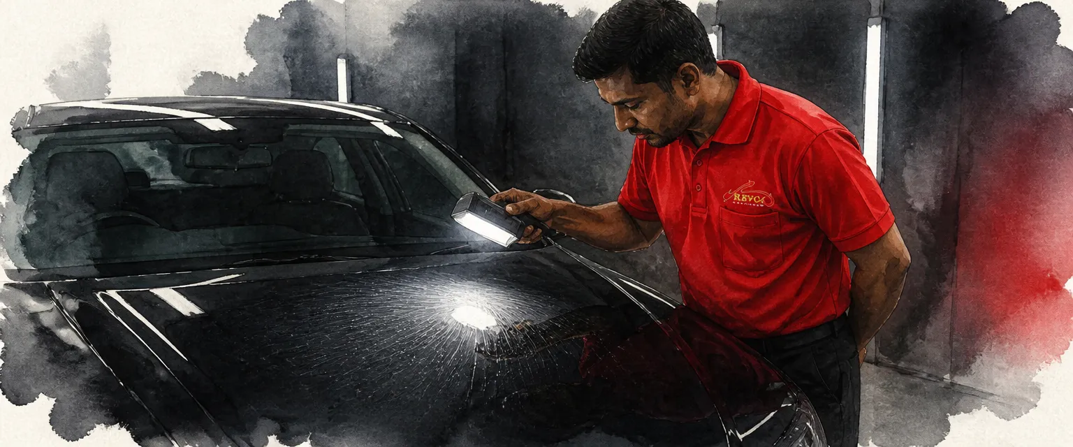 Watercolour illustration of a technician in a red polo shirt revealing swirl marks on a black bonnet with a focused inspection light.