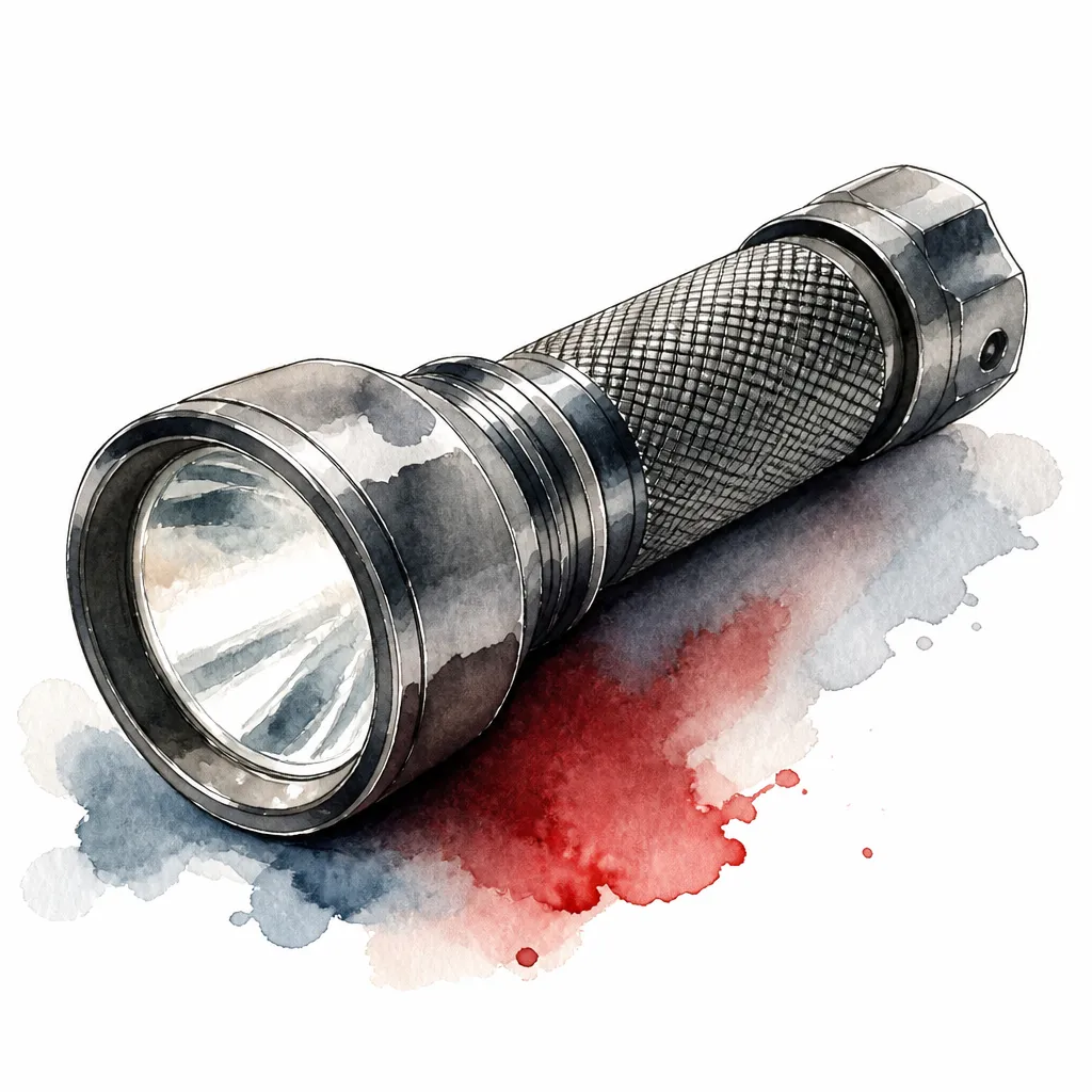 Watercolour close-up of a compact handheld inspection torch with a wide lens head.