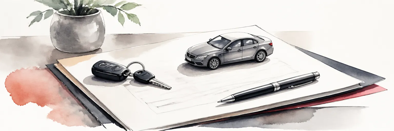 Watercolour illustration of car keys and a toy car resting on abstract claim paperwork on a desk.
