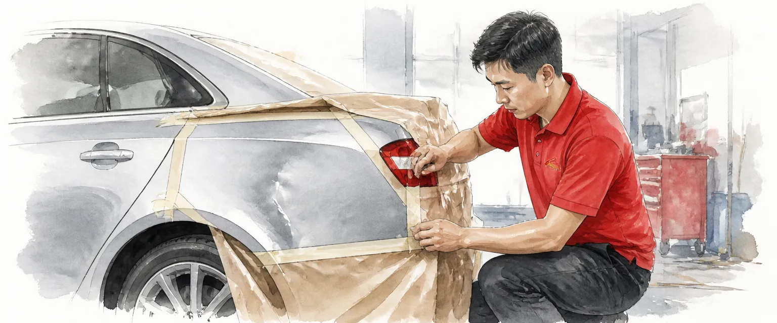 Watercolour illustration of a technician in a red polo shirt masking the dented rear quarter of a silver saloon for repair.