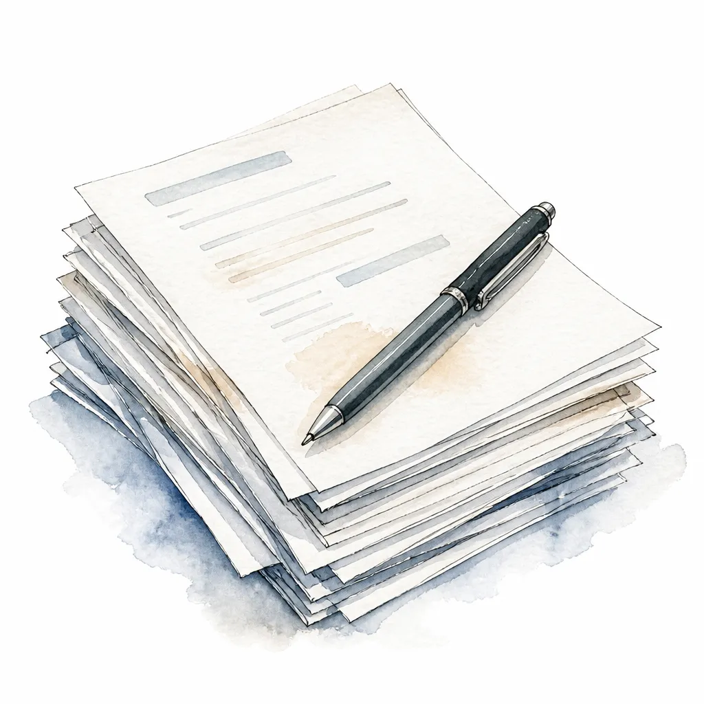 Watercolour close-up of a stack of abstract paper sheets with a pen resting on top.