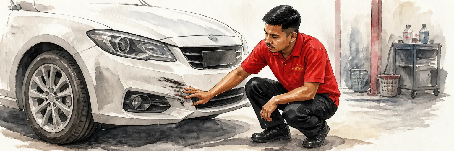 Watercolour illustration of a technician in a red polo shirt assessing a scuffed bumper corner on a white saloon.