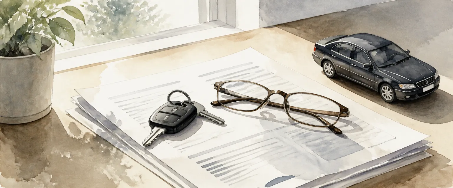 Watercolour illustration of car keys and reading glasses resting on abstract policy paperwork beside a toy car.