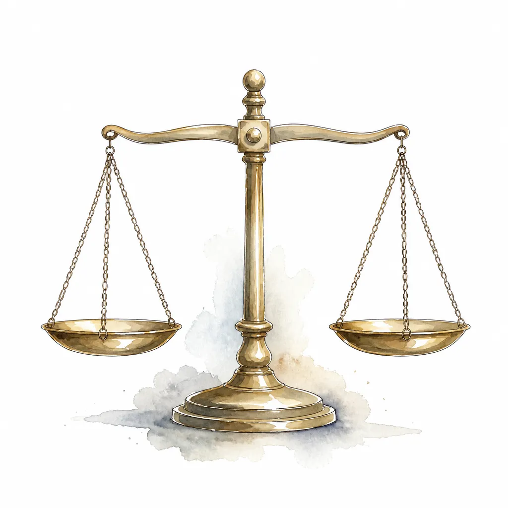 Watercolour close-up of a small brass balance scale with level pans.