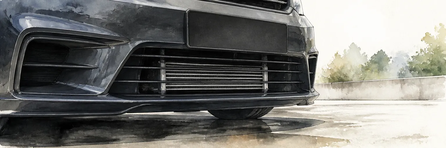 Watercolour close-up of an intercooler core visible behind the front grille of a dark grey car in midday heat.