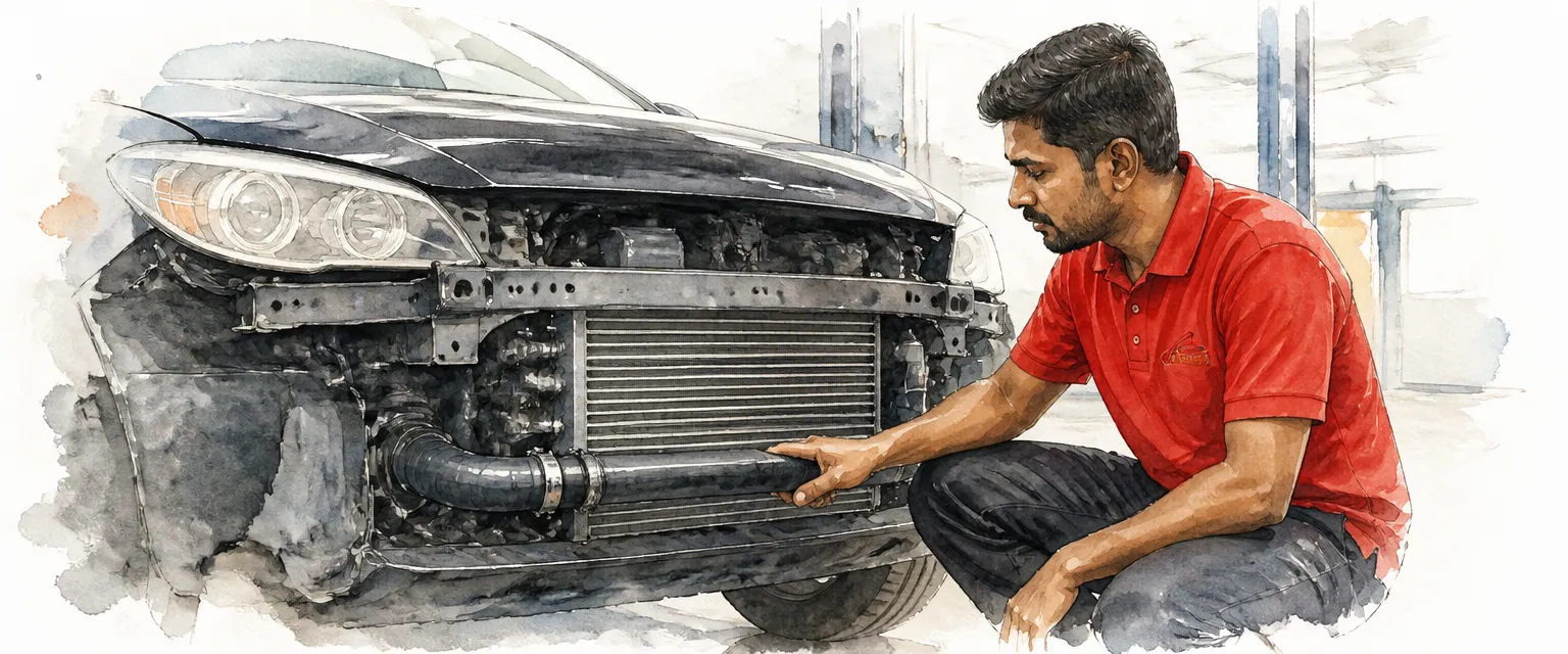 Watercolour illustration of a technician in a red polo shirt inspecting an exposed intercooler behind a removed bumper.