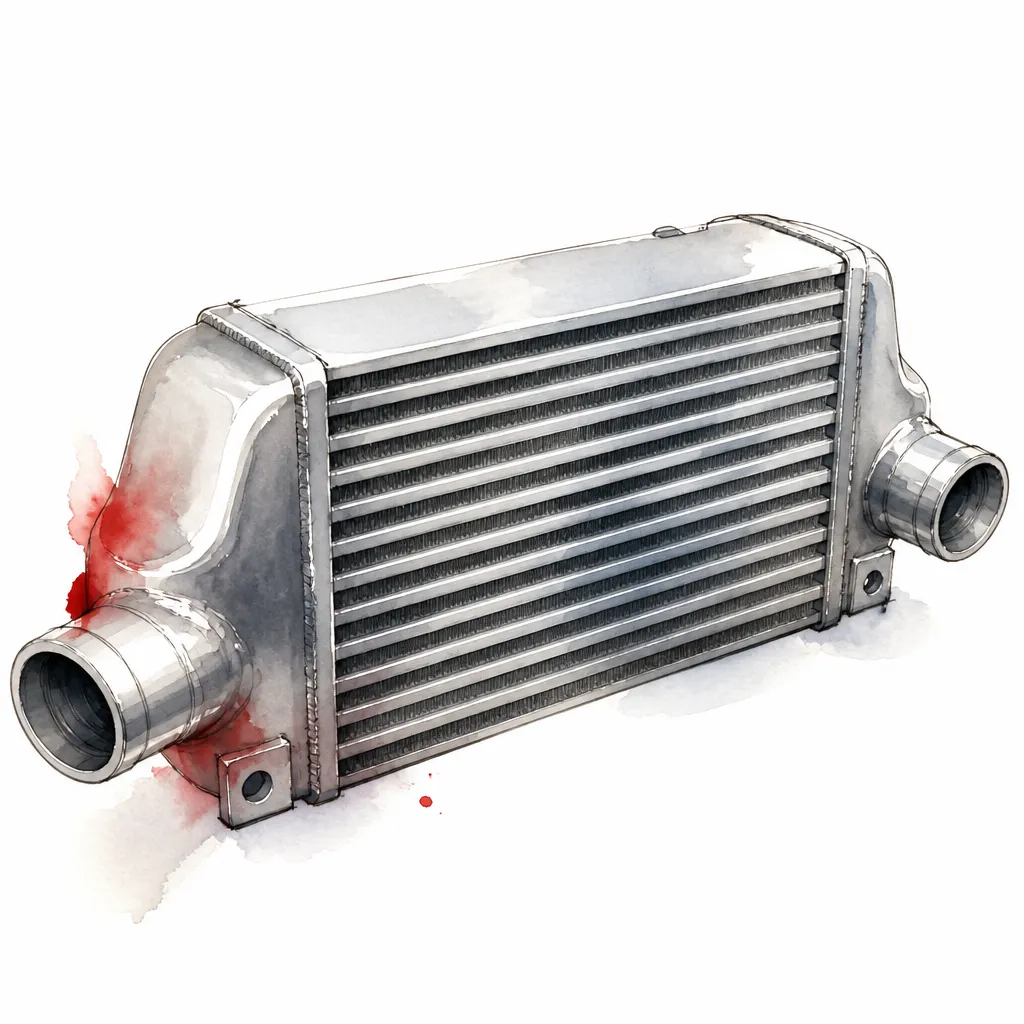 Watercolour close-up of a finned aluminium intercooler core with rounded end tanks.