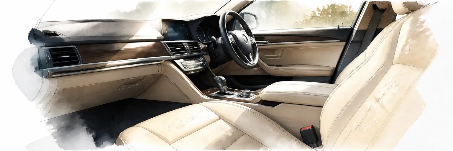 Watercolour illustration of sunlight streaming into a cabin with water beading on a coated leather seat.