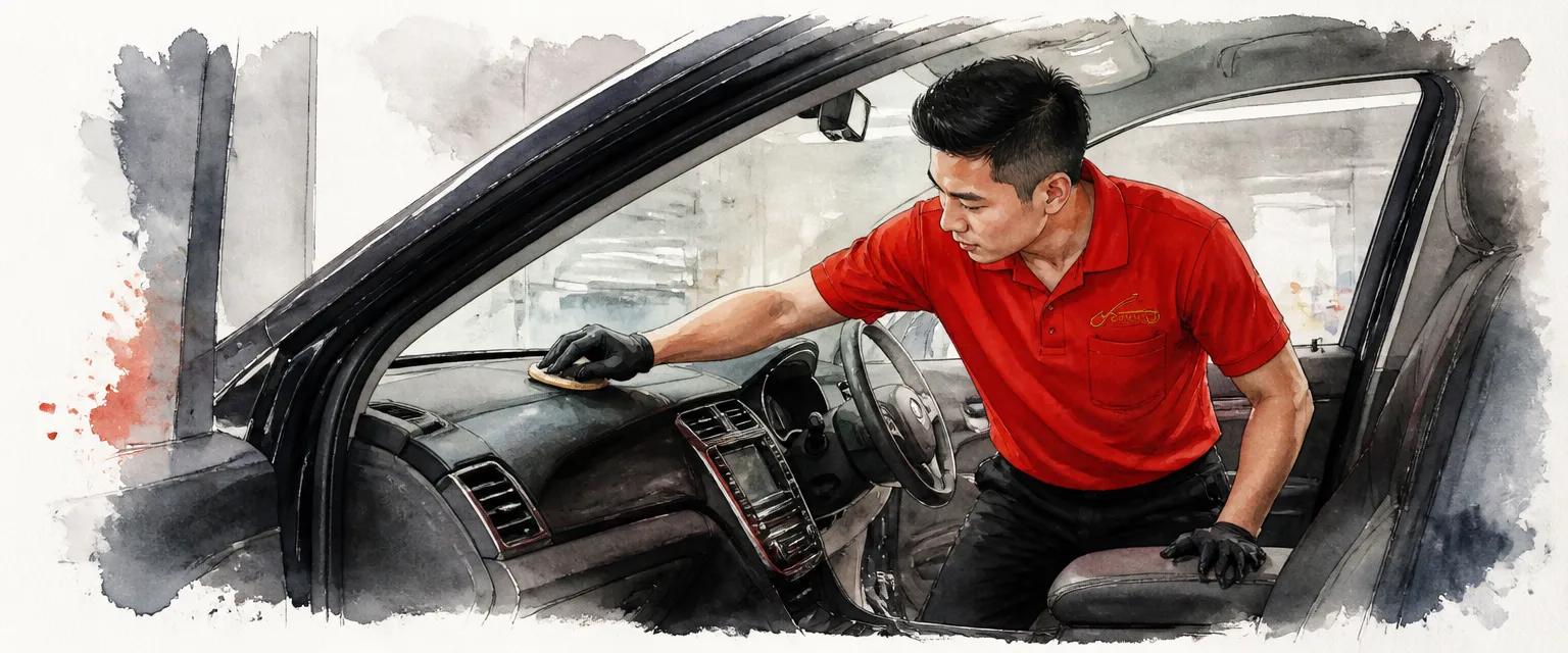 Watercolour illustration of a technician in a red polo shirt coating a car dashboard with a small applicator pad.