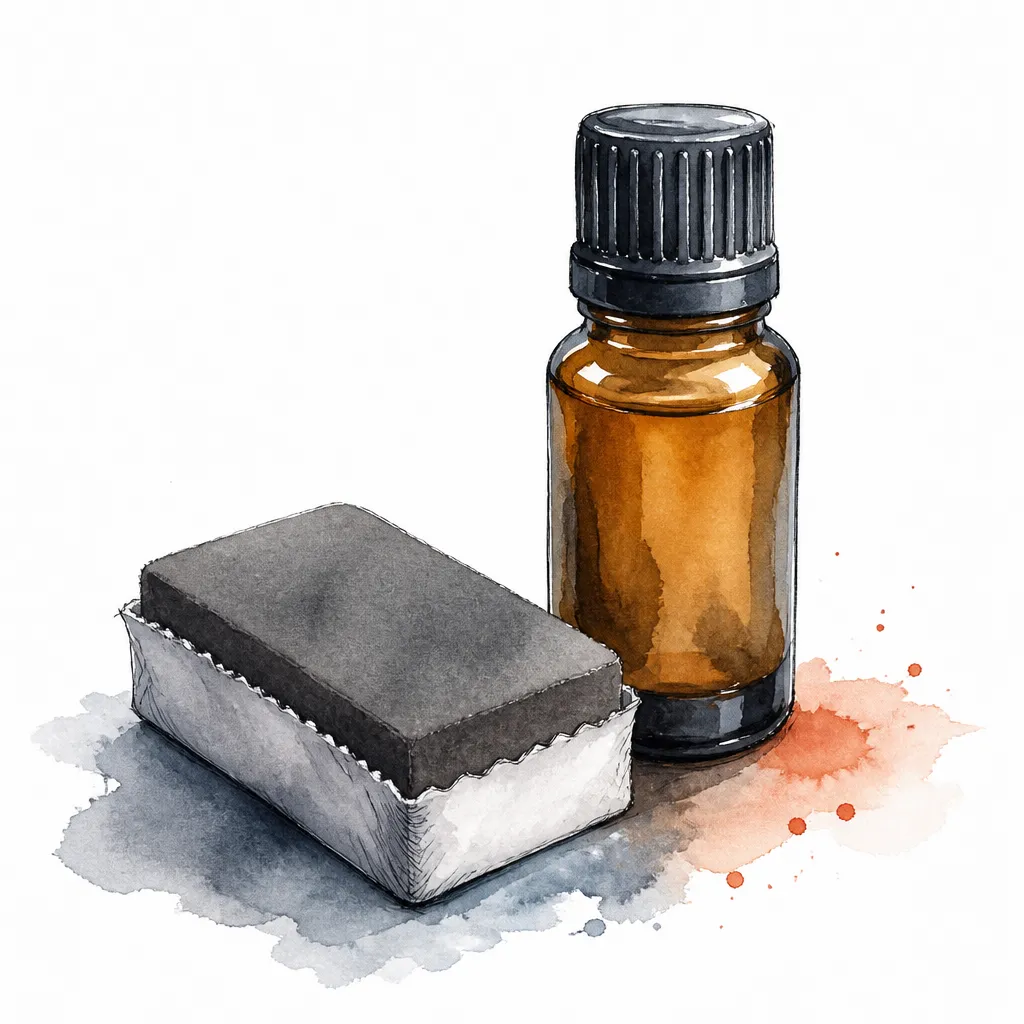 Watercolour close-up of a small amber coating bottle beside a suede applicator pad.