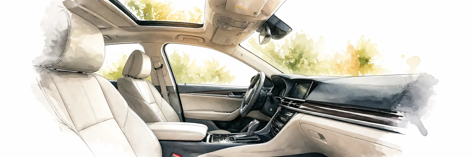 Watercolour illustration of a spotless finished car cabin with daylight pouring through the sunroof.