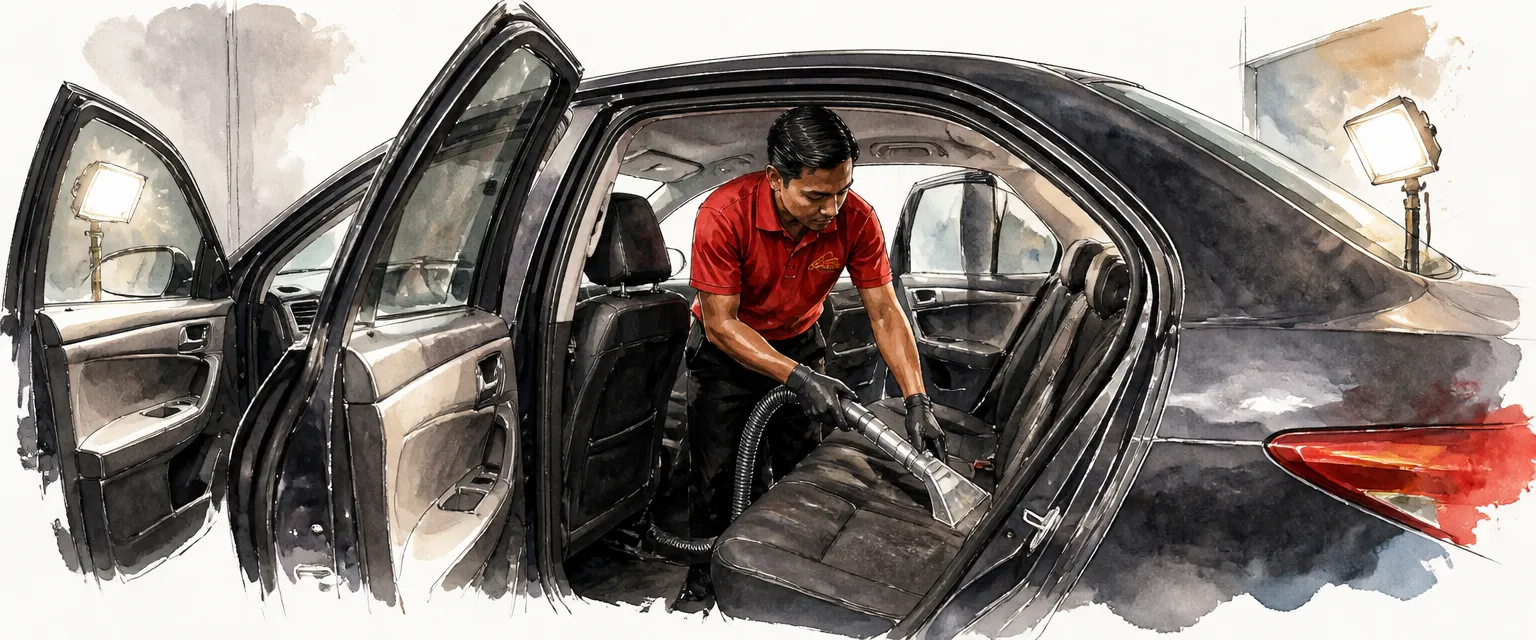 Watercolour illustration of a technician in a red polo shirt deep cleaning the rear seats of a dark saloon with an extraction wand.