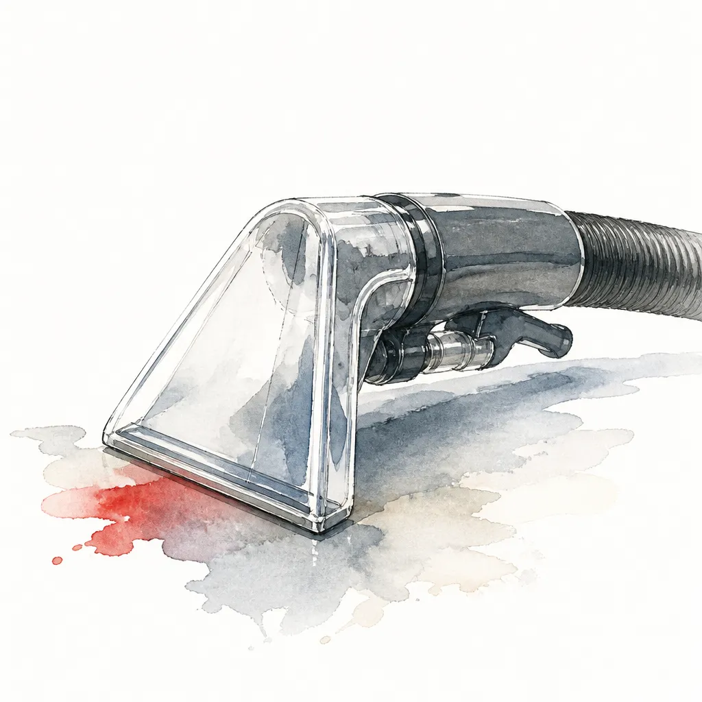 Watercolour close-up of a handheld upholstery extraction nozzle with a clear spout.
