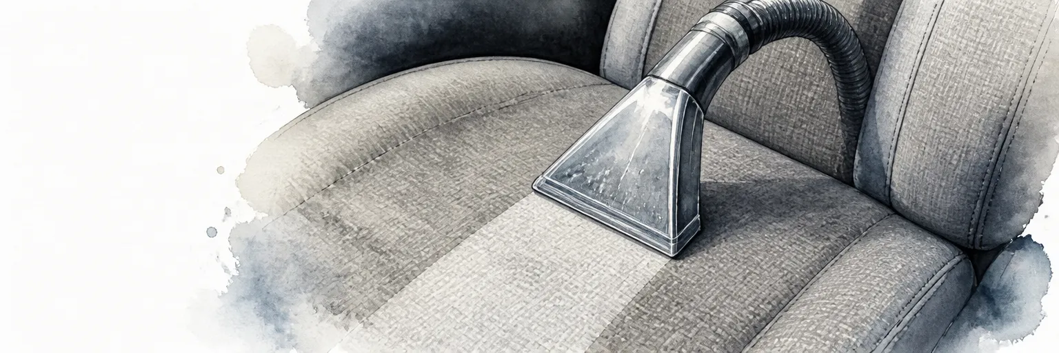 Watercolour close-up of an extraction wand on a fabric seat with one cleaned stripe visibly brighter.