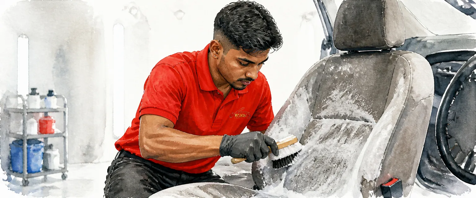 Watercolour illustration of a technician in a red polo shirt working shampoo foam into a fabric car seat with a brush.