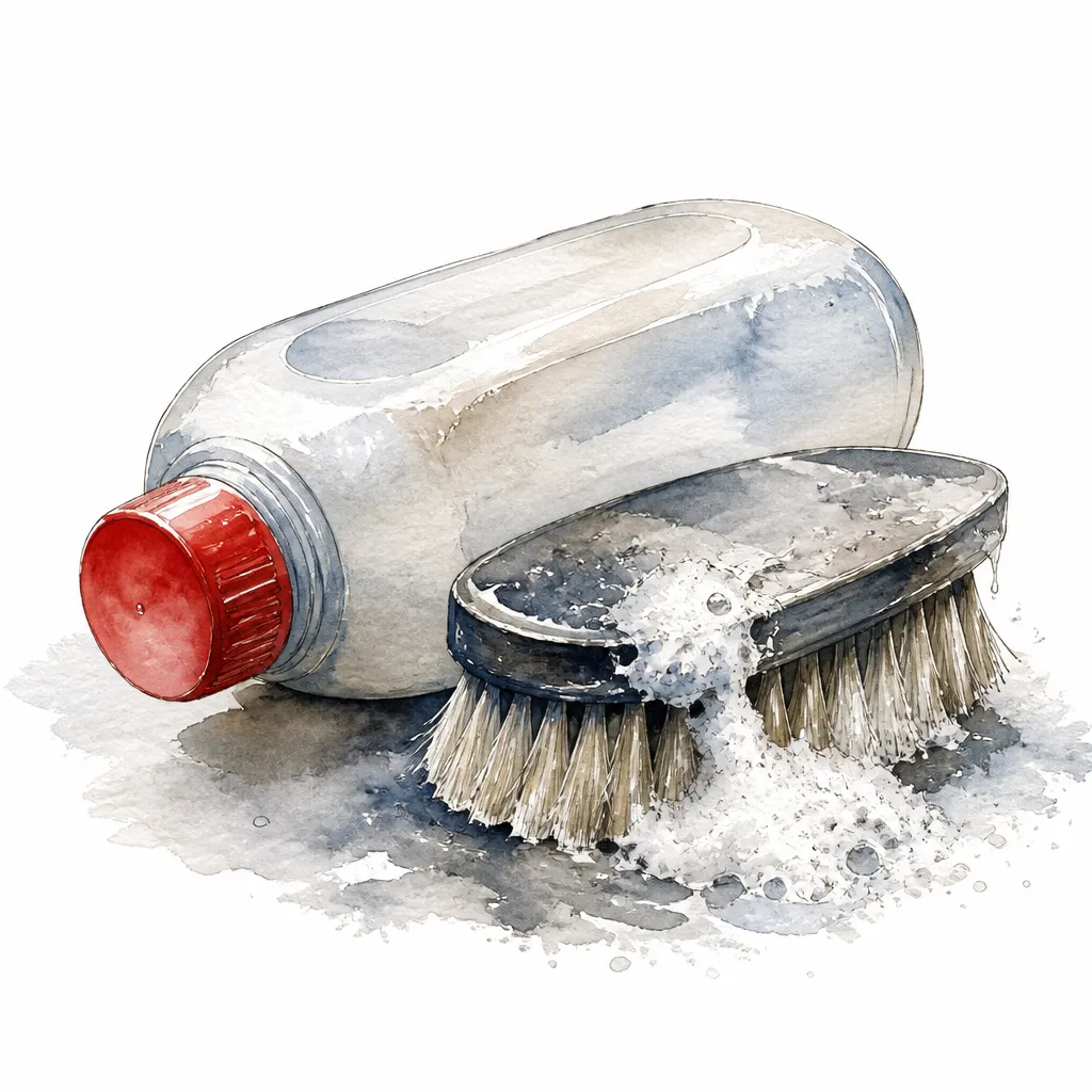 Watercolour close-up of a bottle of fabric shampoo beside a foamy upholstery brush.